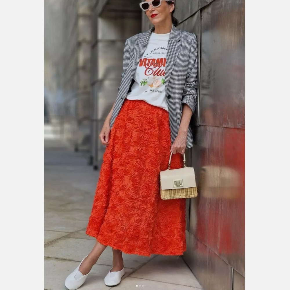 ZARA ORANGE FLORAL LONG TEXTURED SKIRT